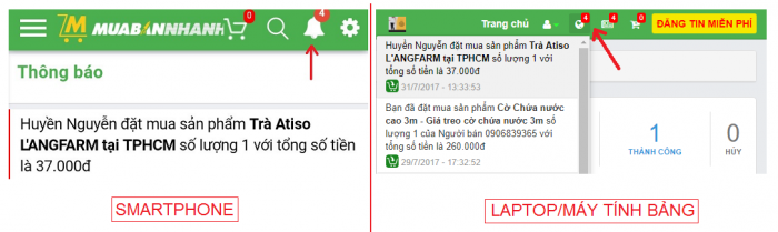 Thông báo đơn hàng từ MuaBanNhanh trên tài khoản người bán