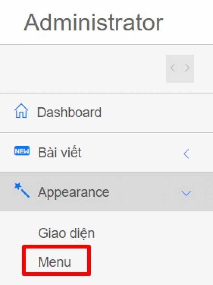 Truy cập tab Appearance chọn Menu