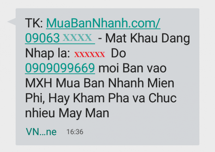 Tin nhắn SMS từ Mua Bán Nhanh kích hoạt tài khoản được mời