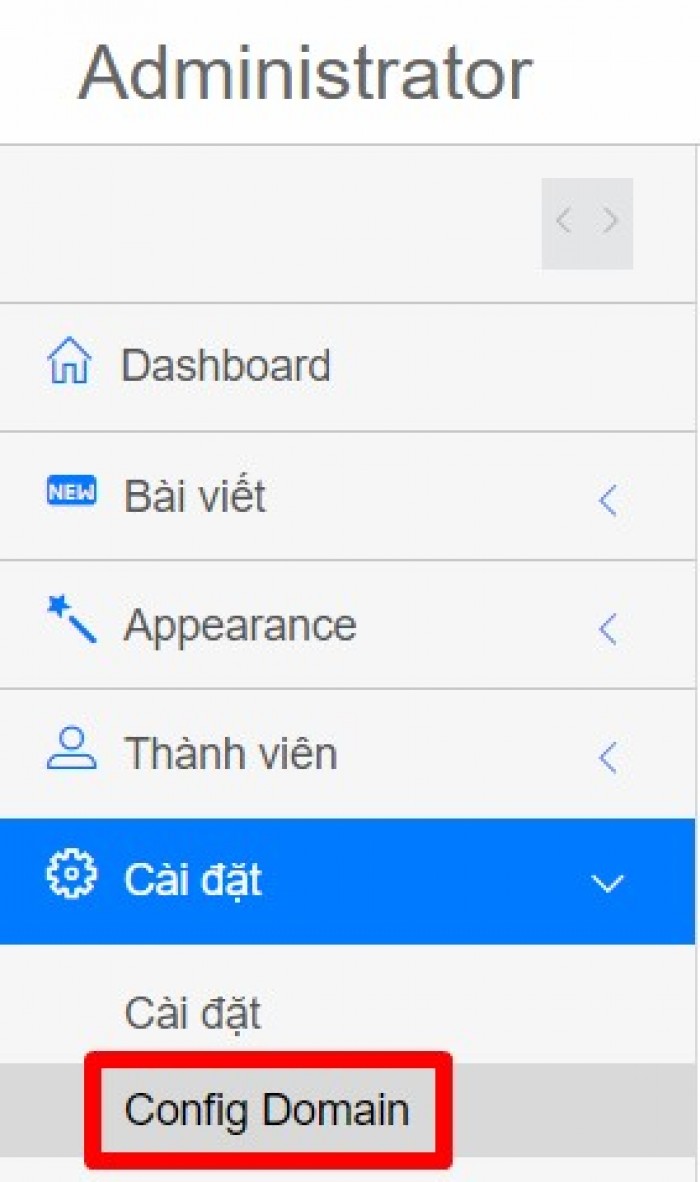 Truy cập tab Cài đặt chọn Config Domain