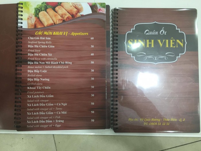 In menu bìa nhựa cho quán ốc sinh viên