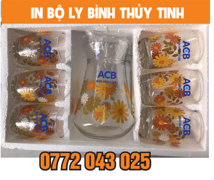 Bộ bình ly thủy tinh in logo công ty 