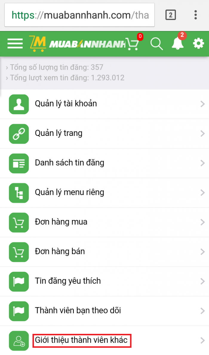 Chọn Giới thiệu tài khoản khác từ Quản lý tài khoản