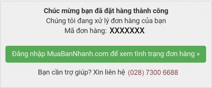 Thông báo đơn hàng thành công, xác nhận Mã đơn hàng