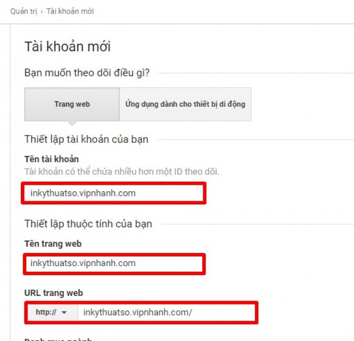 Điền thông tin lấy mã analytics google